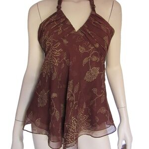 NWT BCBGMAXAZRIA Floral Halter Pleated Corset Open Back Cocktail Blouse M